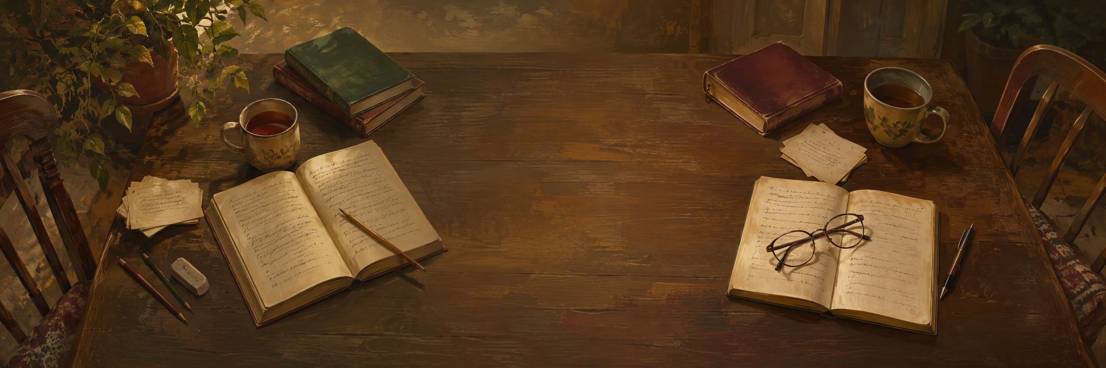 Un escritorio de madera con cuadernos abiertos, libros, una taza de té y unas gafas de leer