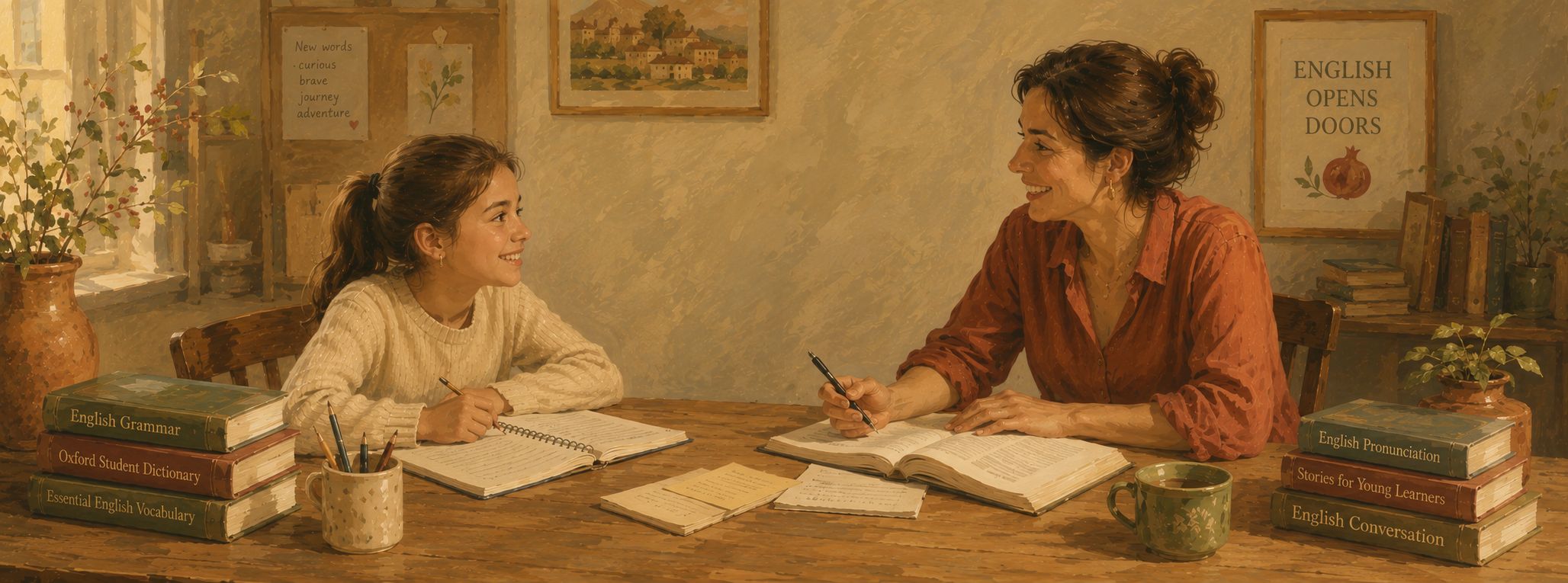 A tutor and a young student smiling across a study table spread with English books and notebooks